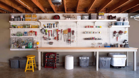 Home workshop in a garage showing a wall-mounted pegboard with neatly hung tools, labeled shelving units, and a clean concrete floor for a tidy finishの素材