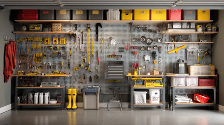 A structured garage interior with tools neatly arranged on pegboards, labeled compartments, and well-organized shelving units for a clean and functional workspaceの素材