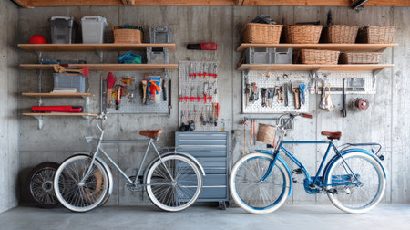 Industrial-style garage interior with two bicycles showcased against concrete walls, metal shelving, and carefully placed toolsの素材