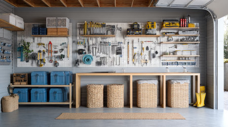 Well-maintained garage workshop with a full wall pegboard holding neatly hung tools, sturdy shelving units with baskets, and clean flooring for a tidy lookの素材