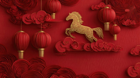 Festive Happy Chinese New Year 2026 banner with a gold horse zodiac emblem, red lanterns, and clouds on a rich red backgroundの素材