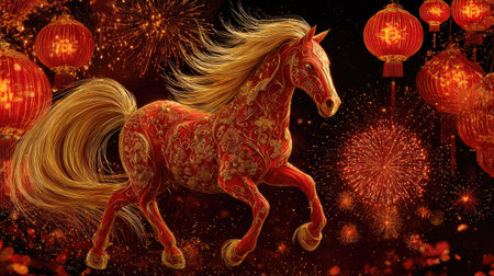 Festive digital art with gold horse zodiac and red lanterns under fireworks, celebrating Happy Chinese New Year 2026の素材
