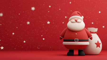 Cute 3D Santa standing proudly with his big gift bag, surrounded by tiny stars and sparkles on a red festive backdropの素材