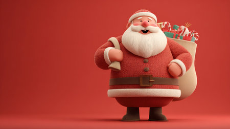 Cheerful 3D cartoon Santa Claus with rosy cheeks and a gift bag full of toys, standing on a festive red backgroundの素材