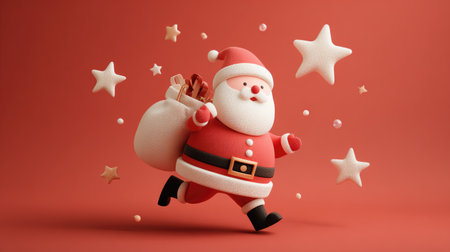 Playful 3D Santa Claus in classic outfit carrying a gift bag, surrounded by stars and sparkles on a warm red backgroundの素材