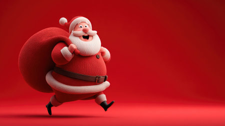 3D illustration of a cartoon Santa Claus carrying gifts in a big red sack, smiling with joy on a bright red backgroundの素材