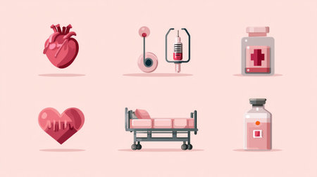 Flat vector illustration of a health care icons pack, including heart, stethoscope, syringe, and hospital bed for mobile UIの素材