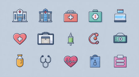 Collection of modern flat healthcare icons featuring hospital, doctor, syringe, and heartbeat symbols for medical website and app designの素材