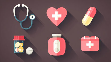 Flat vector illustration of health care icons set, including stethoscope, heart, pills, and medical cross, designed for web and mobile applicationsの素材