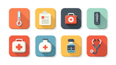 Flat vector design showing a set of medical icons such as thermometer, first aid kit, and stethoscope for health app and web interfaceの素材