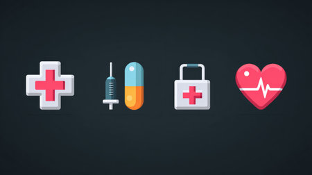 Flat medical icons collection including cross, syringe, capsule, and heart rate monitor, perfect for digital healthcare platformsの素材