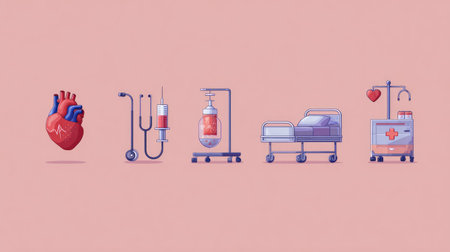Flat vector illustration of a health care icons pack, including heart, stethoscope, syringe, and hospital bed for mobile UIの素材