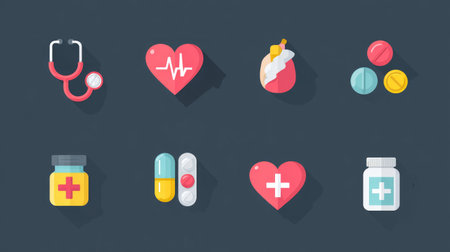 Flat vector illustration of health care icons set, including stethoscope, heart, pills, and medical cross, designed for web and mobile applicationsの素材