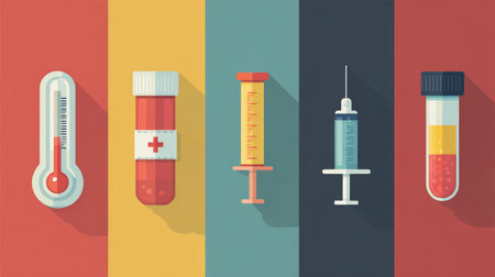 Flat design health icons pack including thermometer, syringe, bandage, and test tube, ideal for healthcare web and infographic designの素材