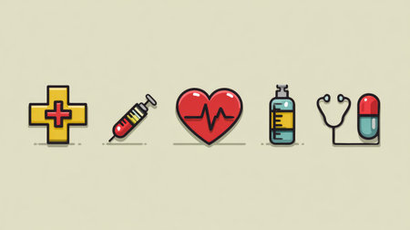 Flat medical icons collection including cross, syringe, capsule, and heart rate monitor, perfect for digital healthcare platformsの素材