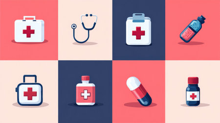Health care vector icons set in flat style with cross, stethoscope, medicine, and first aid elements for digital design projectsの素材