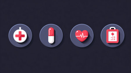 Flat medical icons collection including cross, syringe, capsule, and heart rate monitor, perfect for digital healthcare platformsの素材