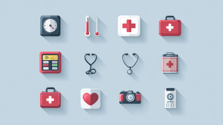 Flat vector design showing a set of medical icons such as thermometer, first aid kit, and stethoscope for health app and web interfaceの素材