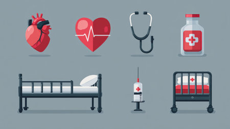 Flat vector illustration of a health care icons pack, including heart, stethoscope, syringe, and hospital bed for mobile UIの素材