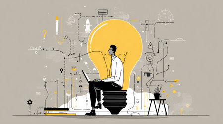 Conceptual vector illustration showing a businessman sitting on a huge light bulb, working online on a laptop, symbolizing startup innovation and ideasの素材