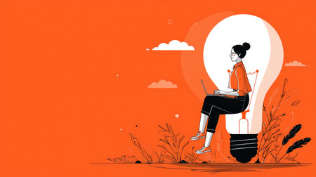 Modern flat vector showing an entrepreneur working on a laptop while sitting on a big bright bulb, symbol of creative business solutionsの素材