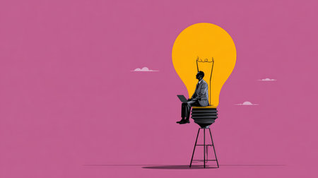 Minimalist vector concept of a businessman working on a laptop while sitting on a giant light bulb, representing innovation and digital successの素材