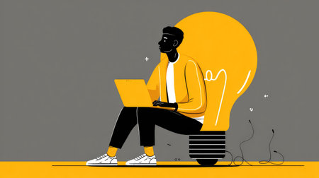 Illustration of a modern entrepreneur sitting on a bright bulb, typing on a laptop, showcasing imagination, innovation, and productivityの素材