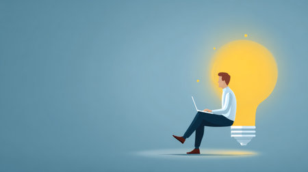 Simple and clean vector design of a businessman working on laptop while sitting on glowing bulb, representing idea generation and innovationの素材