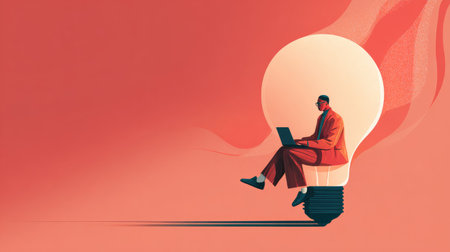 Vector illustration of an office worker sitting on a giant light bulb, typing on a laptop, representing new ideas and digital transformationの素材