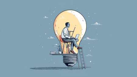 Vector art of a creative businessman on a large light bulb, working on a laptop, symbolizing inspiration, ideas, and forward-thinking businessの素材