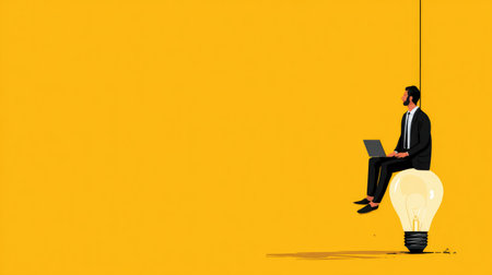 Flat design of a business professional sitting on a glowing bulb with laptop, concept of startup innovation, success, and modern technologyの素材