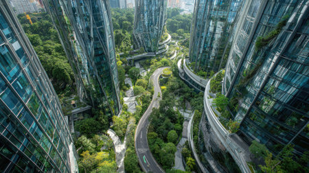 Glass skyscrapers reflect surrounding greenery and sky, roadways winding through modern architecture and natureの素材