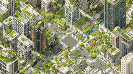 Busy urban street surrounded by tall towers and open green areas, representing sustainable city living and environmental harmonyの素材