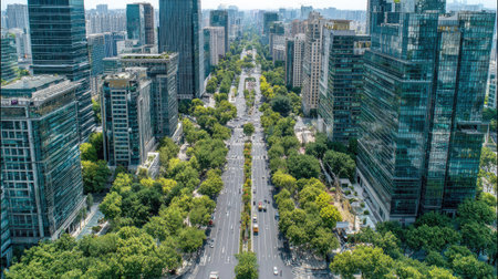 Modern urban district with tall glass buildings and a wide road bordered by lush greenery, showcasing eco-friendly city planningの素材