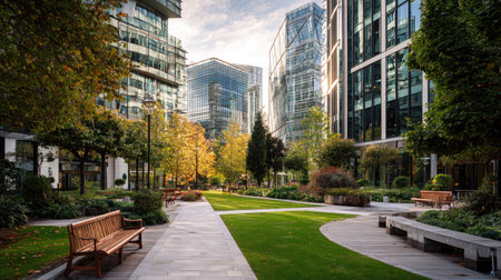 Quiet park nestled between high-rise glass buildings, benches and trees adding warmth to urban architectureの素材