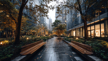 Quiet park nestled between high-rise glass buildings, benches and trees adding warmth to urban architectureの素材