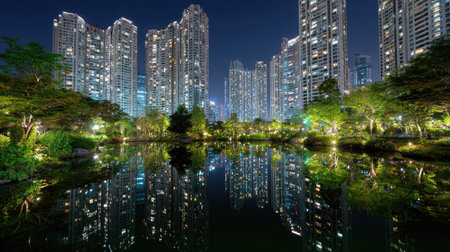 Evening view of illuminated high-rises around a serene green park, reflecting modern lifestyle with environmental awarenessの素材