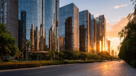 Sunset view of tall office buildings near a green park and calm street, golden light reflecting on glass facades, modern urban serenityの素材