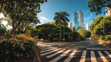 Crosswalk near city park surrounded by greenery and tall buildings, peaceful urban environment blending nature and structureの素材