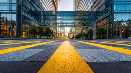 Crosswalk leading toward a modern glass office building, perspective lines and urban architecture harmonyの素材