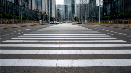 Empty pedestrian crosswalk in a modern city, symmetrical road lines and architecture in the background, minimalist urban sceneの素材