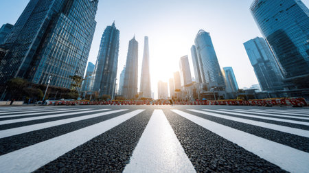 Low-angle shot of a zebra crossing with skyscrapers towering above, symbolizing progress and modern lifeの素材