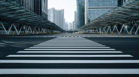 Empty pedestrian crosswalk in a modern city, symmetrical road lines and architecture in the background, minimalist urban sceneの素材