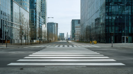 Modern zebra crossing on an empty street lined with glass towers, minimalist architecture and calm city moodの素材