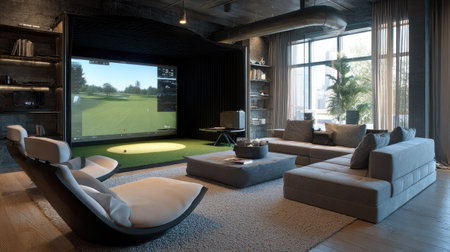 Modern luxury interior for golf practice with full simulator setup, bright screen, and comfortable lounge chairs in neutral tonesの素材