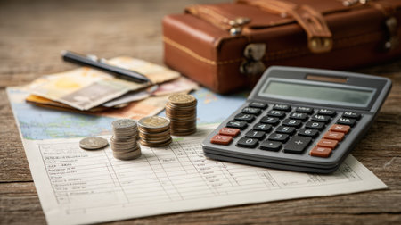Travel desk with calculator, coins, and checklist for trip expenses, showing personal finance and saving for travelの素材