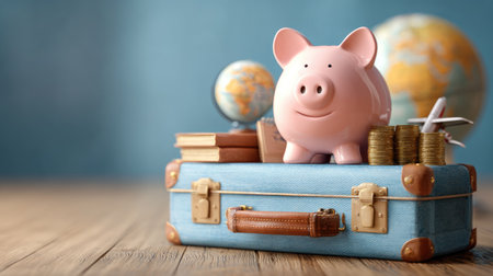 Piggy bank sitting on a suitcase with travel icons like a globe, plane, and passport, concept of budgeting for future tripsの素材