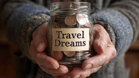 Hands holding glass jar full of coins with a "Travel Dreams" label, symbolizing motivation and financial planning for vacationsの素材