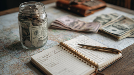 Flat lay of money jar, travel map, and notebook with budget planning notes, representing financial preparation for vacationsの素材