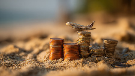 Stack of coins growing next to a miniature airplane and beach photo, representing saving money for a dream holiday destinationの素材
